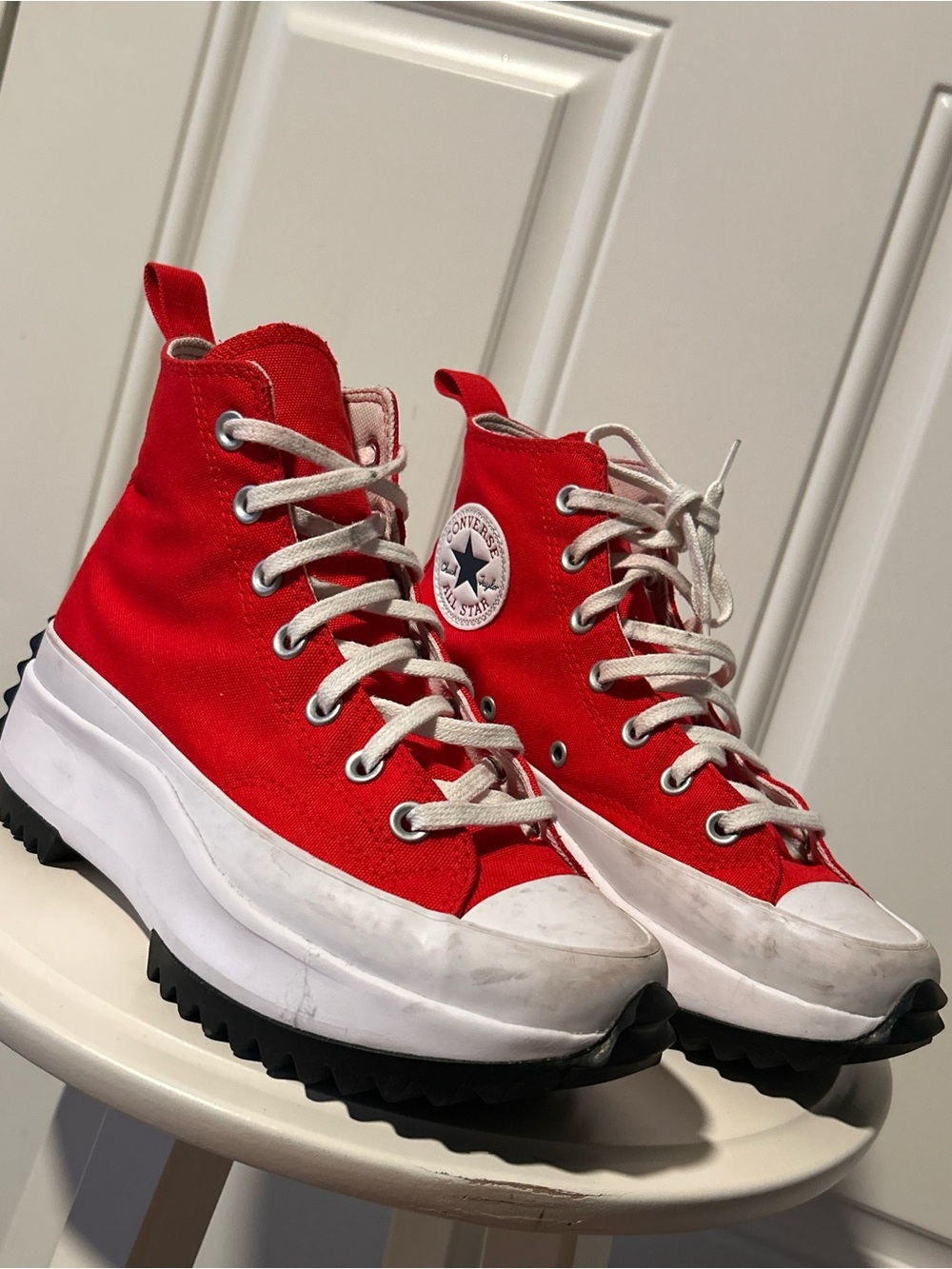 Converse White Sneakers with Red Stitching